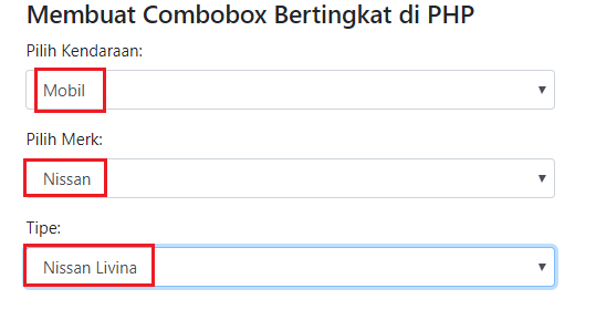 hasil combobox bertingkat dengan php dan ajak