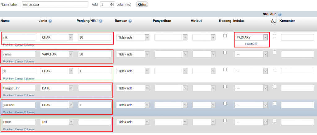 membuat tabel di phpmyadmin